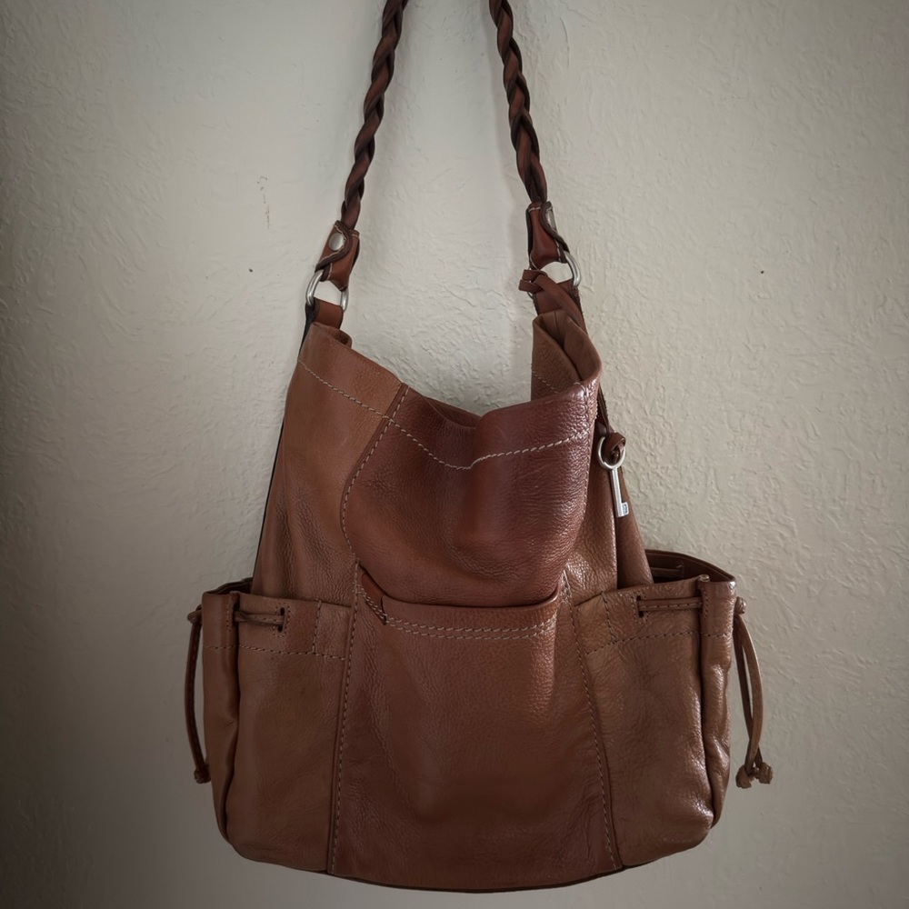 Chic Brown Fossil Leather Slouchy Shoulder Bag